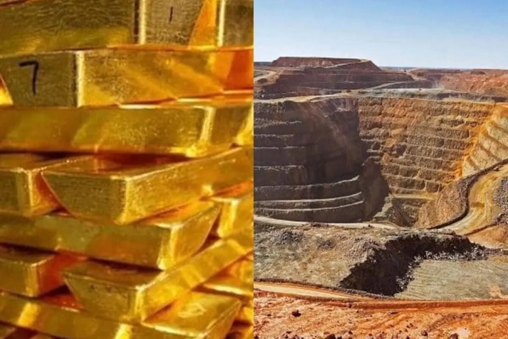 Comment investir dans l'or physique sans faux pas 2 Lingots d'or posés à côté d'une mine d'or à ciel ouvert