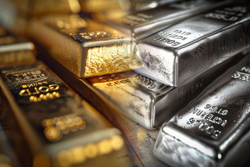 Le ratio or argent : calcul, histoire et usage 2 Ratio or argent : lingots d'or et lingots d'argent mélangés les uns aux autres
