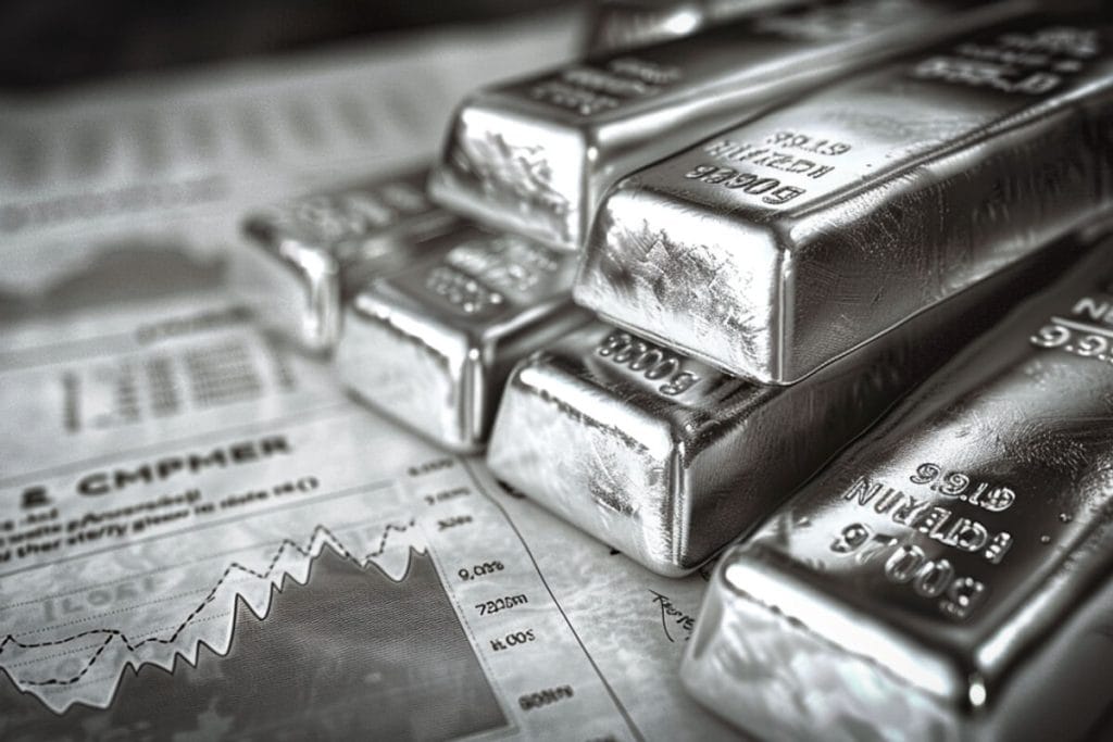 Pièce Maple Leaf argent de la Monnaie royale canadienne 2 Lingots d'argent posés sur un journal financier, le cours de l'argent fixe la base du prix