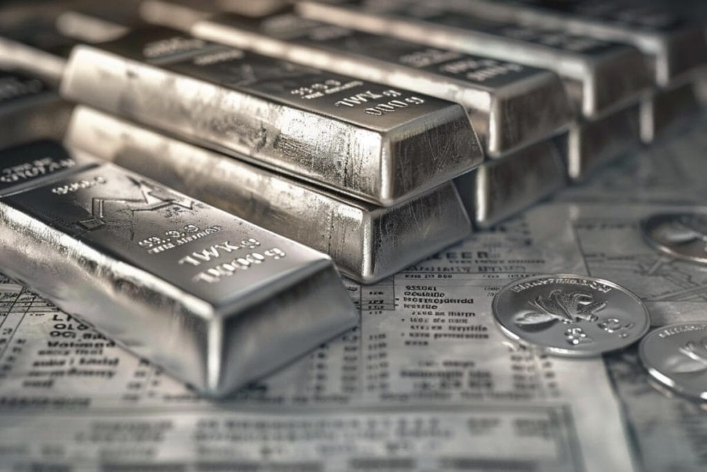 Votre achat argent : TVA, prime et stockage sans surprise 2 Achat argent : lingots et pièces d'argent réunis sur les pages d'un journal