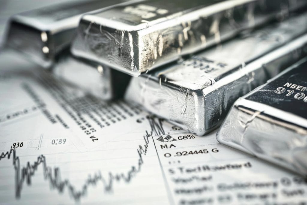Le ratio or argent : calcul, histoire et usage 5 Cours de l'argent et ratio : lingots d'argent posés sur une courbe de cours