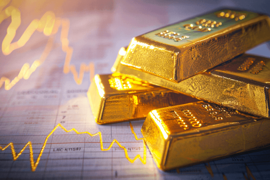 Le prix de l'or au gramme, du 9 au 24 carats 2 Prix de l'or : plusieurs lingots d'or posés sur une courbe de cours