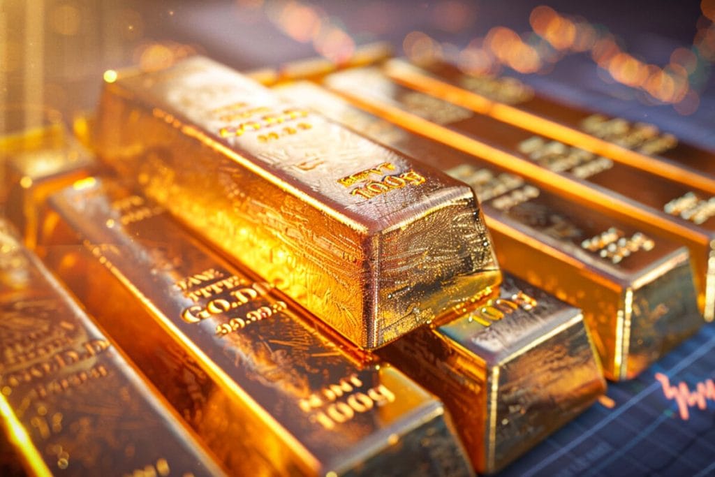 L'once d'or : poids, conversions et prix en euros 2 Once d'or : rangée de lingots d'or alignés sur un fond de graphique