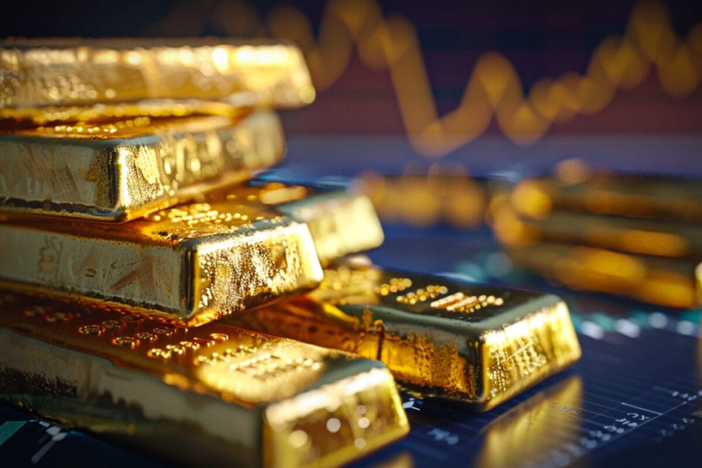 Le prix de l'or au gramme, du 9 au 24 carats 4 Lingots d'or empilés devant un graphique : un lingot se revend près du prix de l'or au gramme