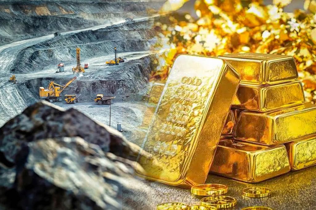 L'or d'investissement : définition légale et exonération de TVA 1 Or d'investissement : lingots d'or posés devant une mine d'or