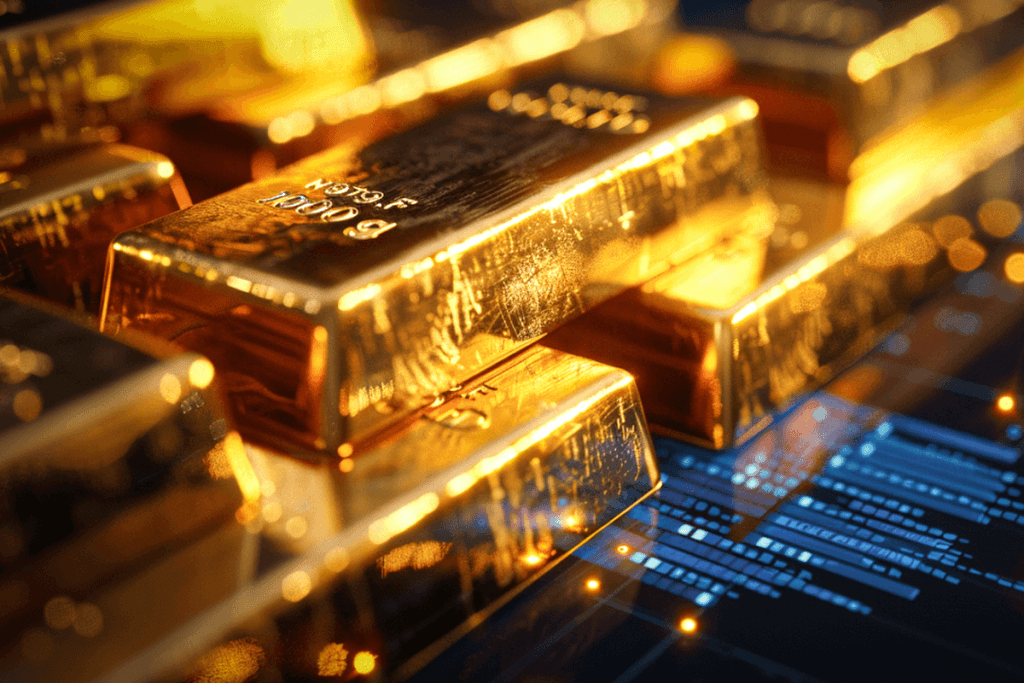 Le cours de l'or aujourd'hui, au gramme, à l'once et au kilo 2 Cours de l'or : quelques lingots d'or placés devant un écran de cotation bleu
