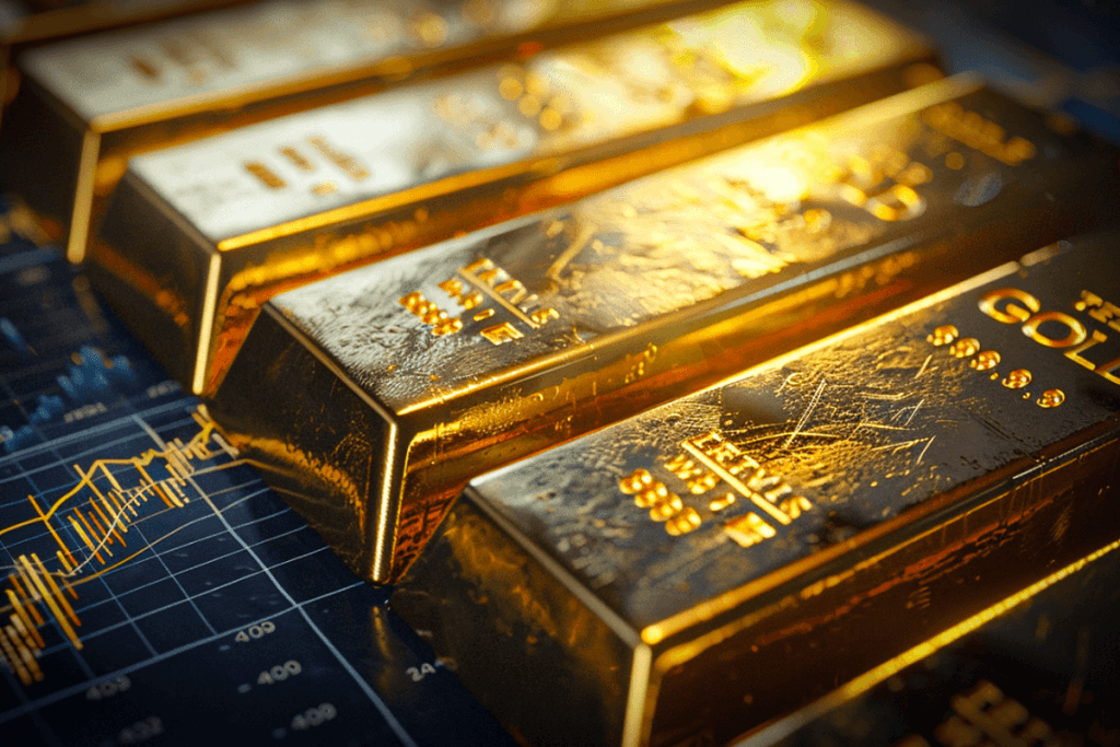 Le cours de l'or aujourd'hui, au gramme, à l'once et au kilo 6 Lingots d'or posés sur un écran de graphique boursier bleu, pour suivre le cours de l'or en direct