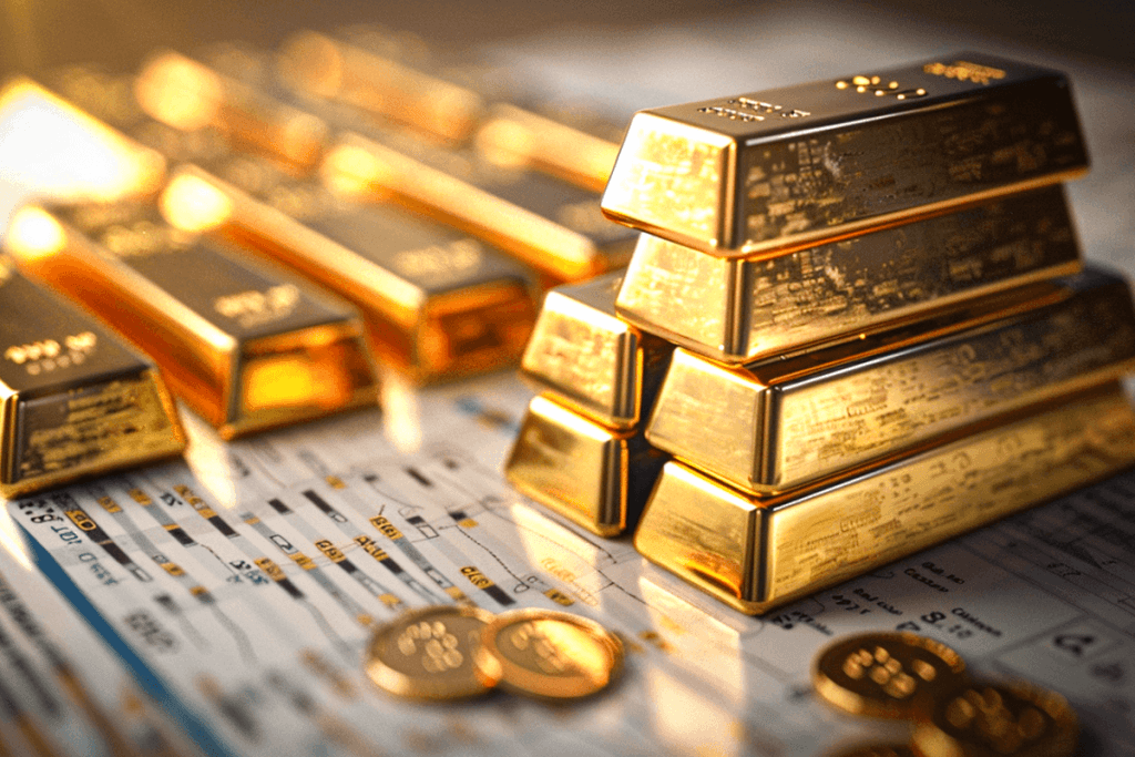 La pièce de 20 mark or de l'Empire allemand 4 Pièces d'or et lingots posés sur des graphiques de cours