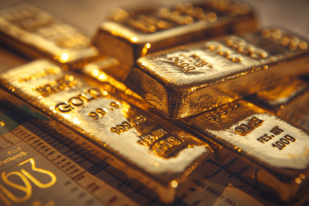 Toutes les pièces et lingots d'or et d'argent comparés 4 Gros plan sur des lingots d'or marqués « fine gold », sous une lumière chaude
