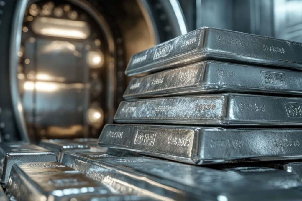 Votre achat argent : TVA, prime et stockage sans surprise 5 Lingots d'argent empilés devant la porte d'un coffre-fort, question de garde pour investir dans l'argent métal