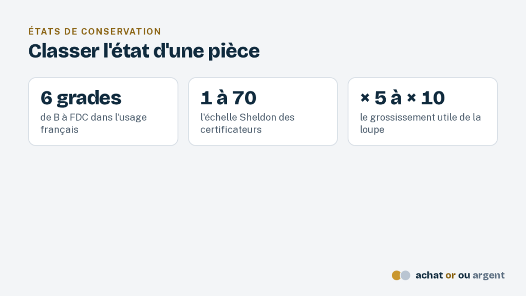 Estimation pièce de monnaie : la méthode du numismate, pas à pas 3 Repères pour l'estimation pièce de monnaie : six grades de B à FDC, échelle Sheldon de 1 à 70, loupe de 5 à 10 fois